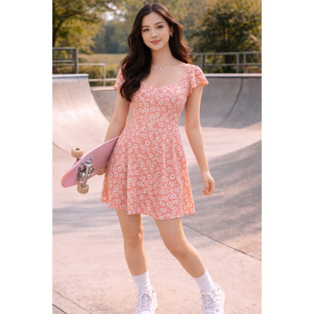 Hurley L Womens Daisy Floral Smocked‎ Back Skater Mini Dress Coral